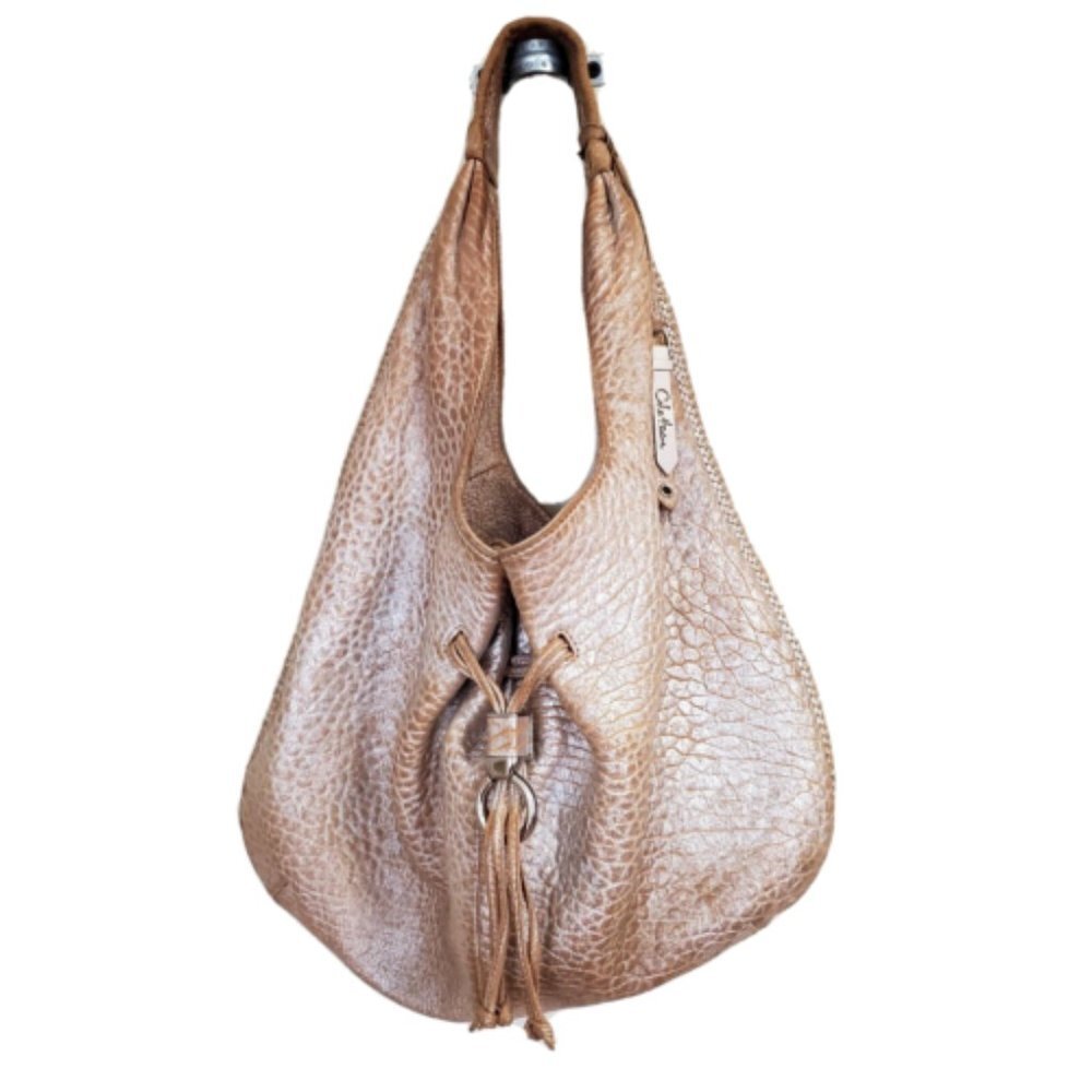 Cole Haan PHOEBE Distressed Leather Hobo Purse METALLIC ROSE Braid Trim Argento